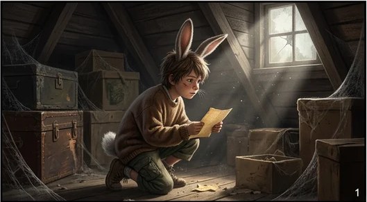 A boy reads an old treasure map in a cobwebbed attic