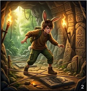 The boy creeps through a torch-lit cave full of traps and carved runes