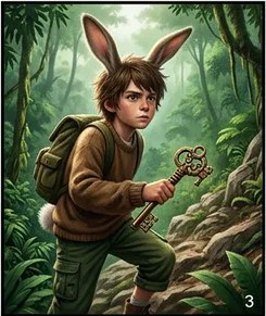 The boy holds up a golden key in the jungle