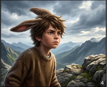 The boy stands on a windy mountaintop looking out over the peaks