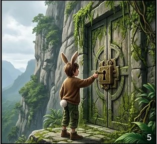 The boy reaches for a giant lock on a mossy stone door in a cliff
