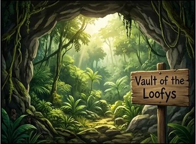 A sunlit jungle clearing with a wooden sign reading Vault of the Loofys